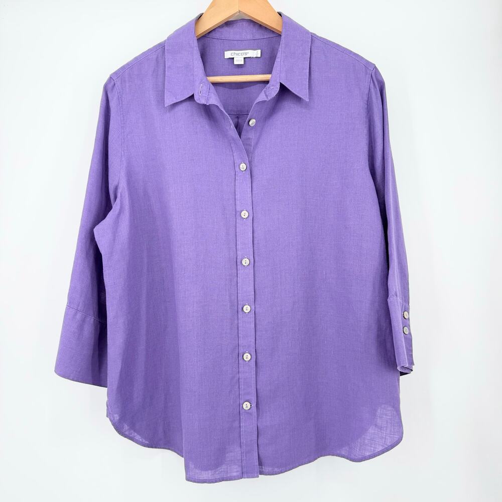 Chico’s 100% Linen Purple Button Front 3/4 Sleeve Blouse Size 2 US 12 - Picture 2 of 10